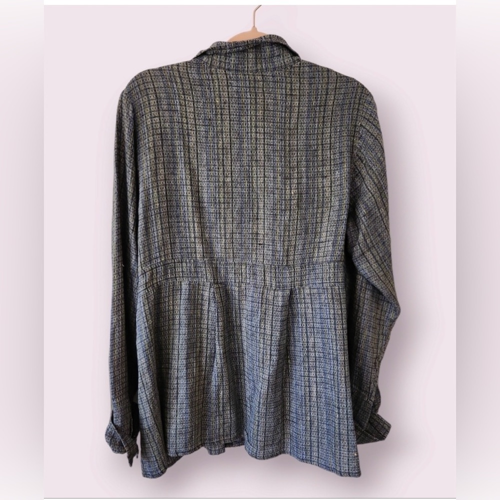 FLAX Women's Blue-Green Patterned Linen Button Front Top, Small - Picture 3 of 7